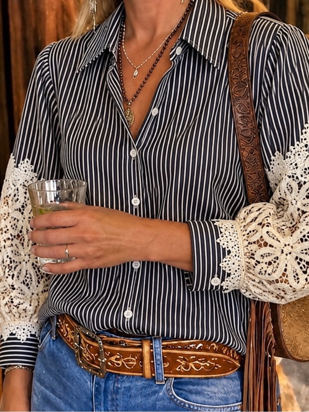 Chico's Black and White Striped Button-Down Shirt with Lace Sleeve Details Sz M